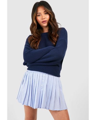 Boohoo Stripe Pleated Detail Mini Skirt - Blue
