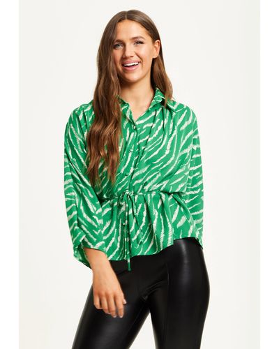 Liquorish Zebra Print Shirt With Long Sleeves And Tie Waist - Green