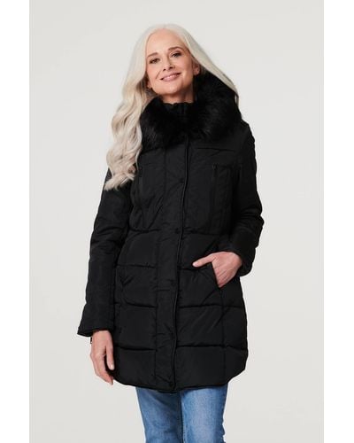 Izabel London Longline Padded Coat With Hood - Black