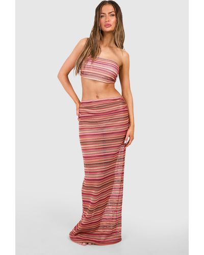 Boohoo Stripe Crochet Top & Skirt Beach Co-ord - Red