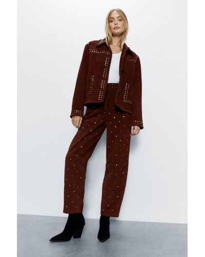 Warehouse Real Suede Studded Barrel Leg Trouser - Brown