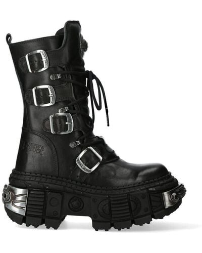 New Rock Mid Calf Gothic Leather Boots-wall1473-s3 - Black