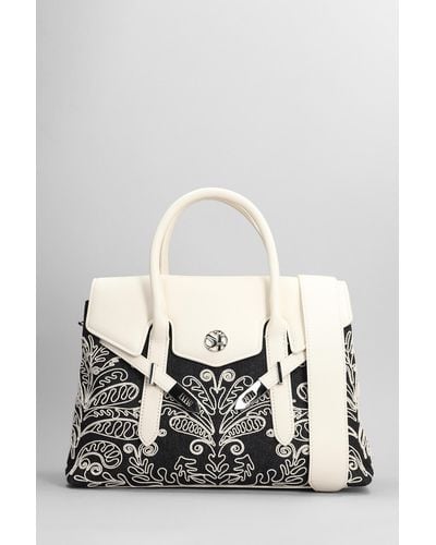 Secret Pon-pon Yalis Cornely Medium Tote In White Leather And Fabric