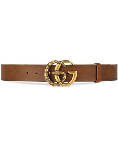 Gucci 458949 Cveot 2535 Belt Leather With Gold Double GG Snake Buckle (GGB1002) - Brown