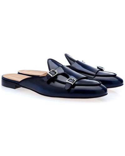 Superglamourous Tangerine 7 Shoes Polished Leather Monk-straps Belgian Slipper Mules (spgm1241) - Blue