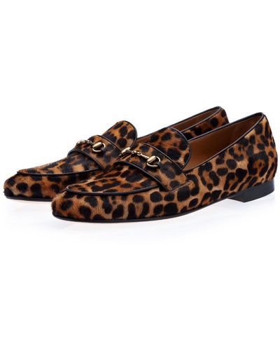 Superglamourous Morris Shoes Orange & Black Leopard Print / Pony Horsebit Loafers (spgm1005) - Brown