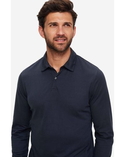 Derek Rose Long Sleeve Polo Shirt Ramsay 2 Pique Cotton Navy - Blue