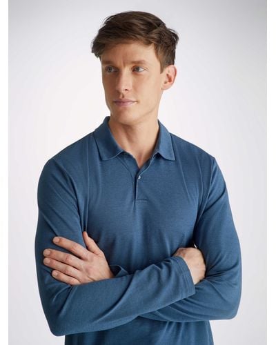 Derek Rose Long Sleeve Polo Shirt Ramsay 2 Pique Cotton - Blue