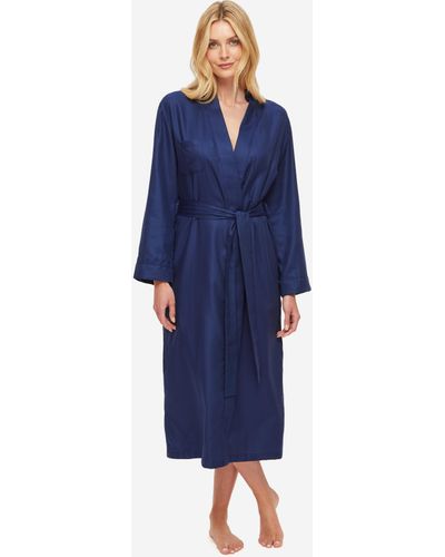 Derek Rose Long Dressing Gown Lombard 6 Cotton Jacquard Navy - Blue