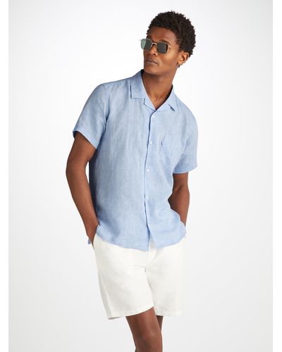 Derek Rose Short Sleeve Shirt Monaco Linen Blue