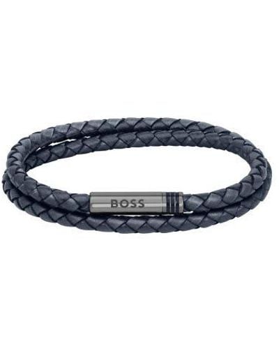 BOSS Leather Ares Bracelet - Blue
