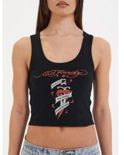 Ed Hardy Death Before Ribbed Cropped Vest - Black