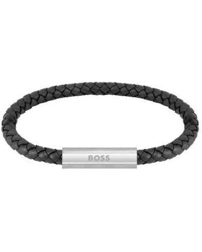 BOSS Braided Leather Bracelet - Black