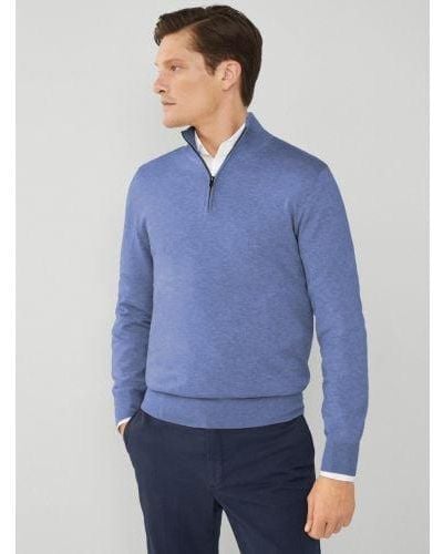 Hackett Chambray Cotton Silk Half Zip Sweatshirt - Blue