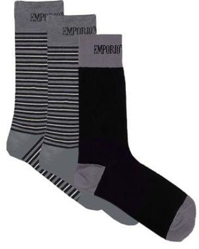 Emporio Armani Anthracite Stripe 3-Pack Short Sock - Black
