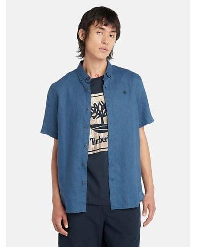 Timberland Dark Denim Linen Short Sleeve Shirt - Blue