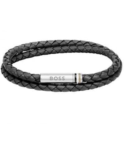 BOSS Leather Ares Bracelet - Black