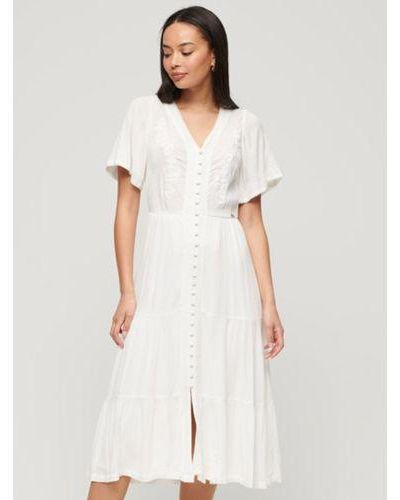 Superdry Off- Embroidered Tiered Midi Dress - White