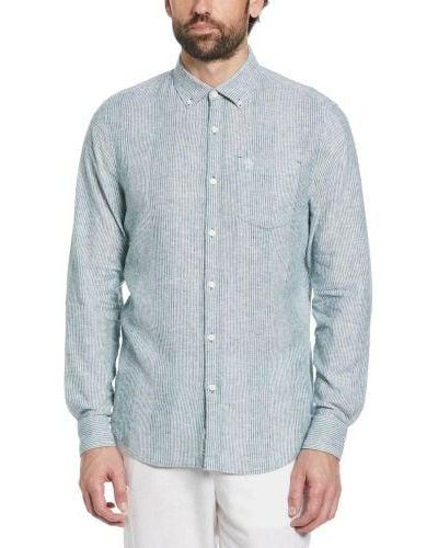 Original Penguin Pacific Long Sleeve Cotton Linen Ecovero Shirt - Blue
