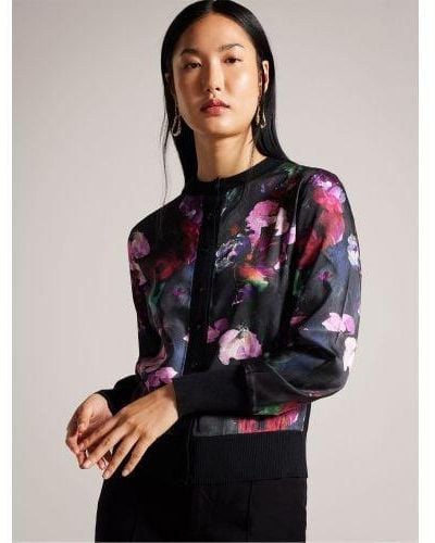 Ted Baker Printed Woven Front Cardigan - Black