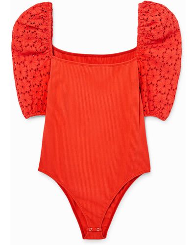 Desigual Bodysuit Sleeve Swiss Embroidery - Red