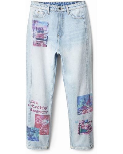 Desigual Straight Cropped Jeans With Patches - Blue