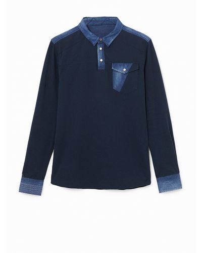 Desigual Cotton And Denim Polo Shirt - Blue