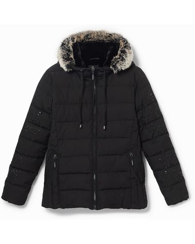 Desigual Slim Hooded Jacket Removable Fur - Black