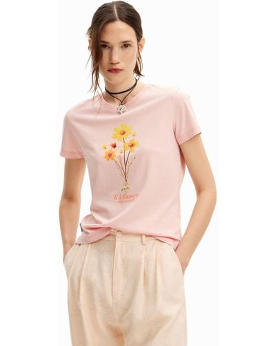 Desigual Short-sleeved T-shirt With Flowers. - Pink
