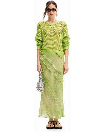 Desigual Long Lace Skirt With Floral Designs. - Green