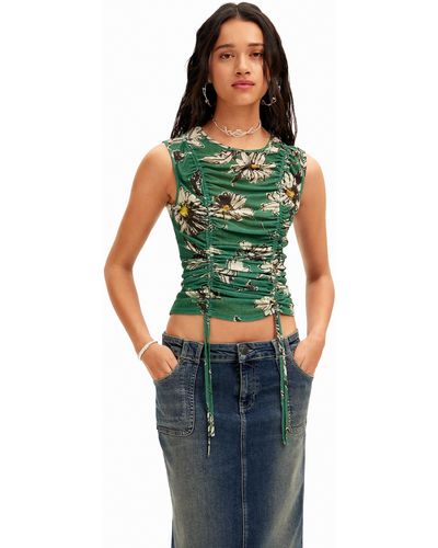 Desigual Ruched Floral T-shirt - Green
