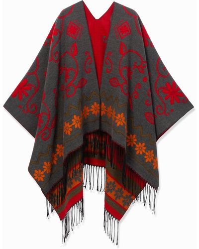 Desigual Fringed Square Poncho - Red
