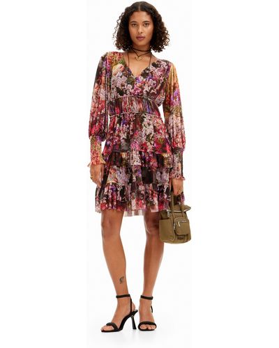 Desigual Short Dress With Long Puffed Sleeves And Floral Print. - Red