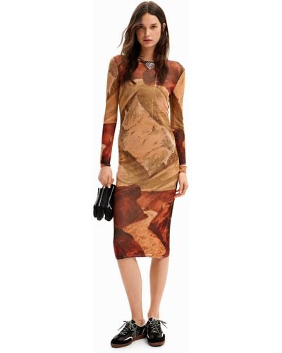 Desigual Landscape Knit Midi Dress - Brown