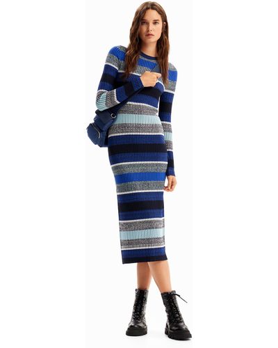 Desigual Stripy Ribbed Midi Dress - Blue