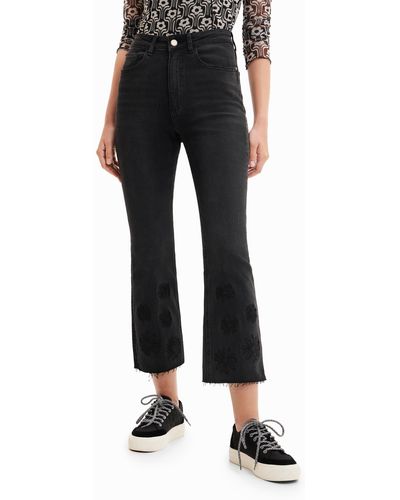 Desigual Embroidered Cropped Flare Jeans - Black