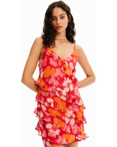 Desigual Short Floral Ruffle Dress - Red