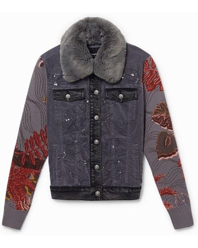 Desigual Fine Corduroy Bimaterial Jacket With Removable Collar - Blue