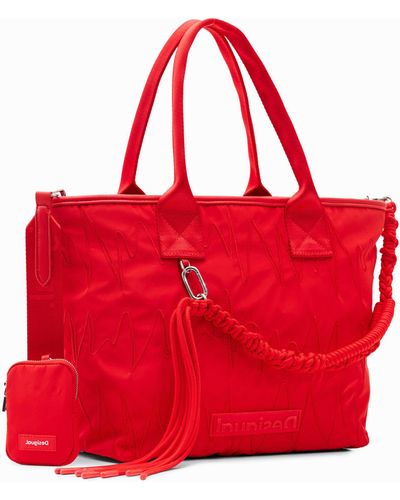 Desigual Borsa A Mano Haiti In Pelle Effetto Rosso Carminio - Dettagli Floreali, 22x11x8 Cm