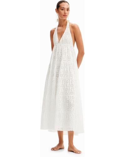 Desigual Long Plunging Halter Dress - White