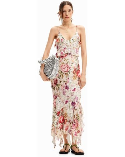 Desigual Long Dress With Floral Print And Ruffles. - White