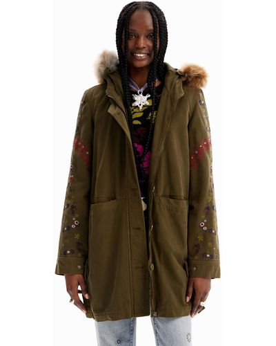 Desigual Embroidered Hooded Parka - Brown