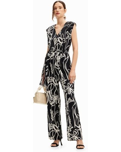 Desigual Long Jumpsuit With Arty Flowers. - White