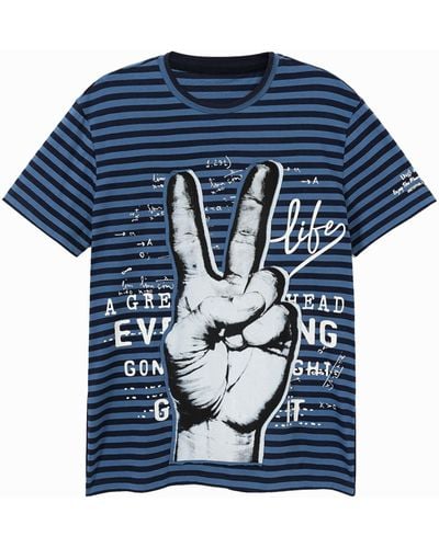 Desigual Striped T-shirt With Illustration And Messages - Blue