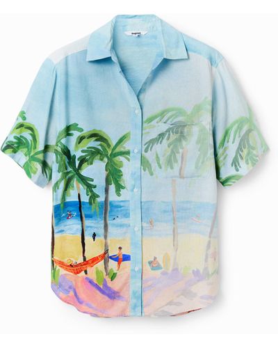 Desigual Oversize Tropical Linen Shirt - Blue