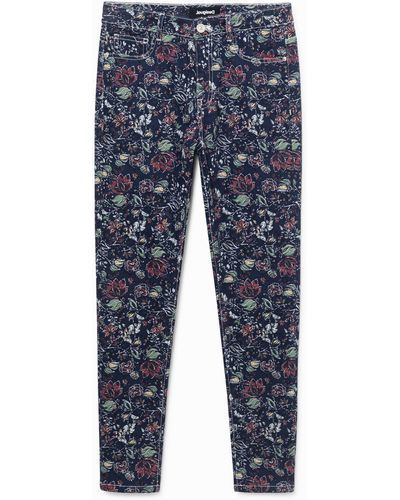 Desigual Skinny Cropped Trousers Flowers - Blue