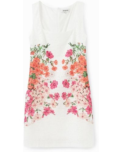 Desigual Short Dress Lace And Flowers - White