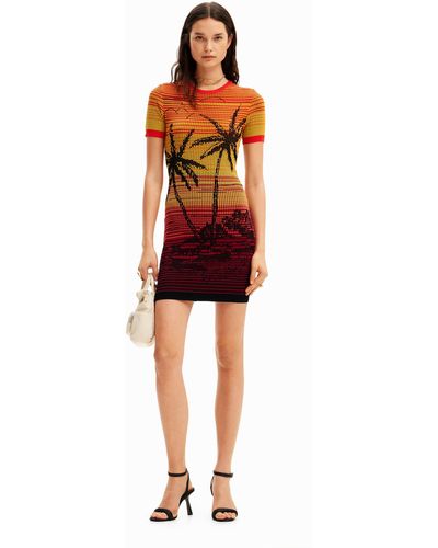 Desigual Short Knit Palm Tree Dress - Red