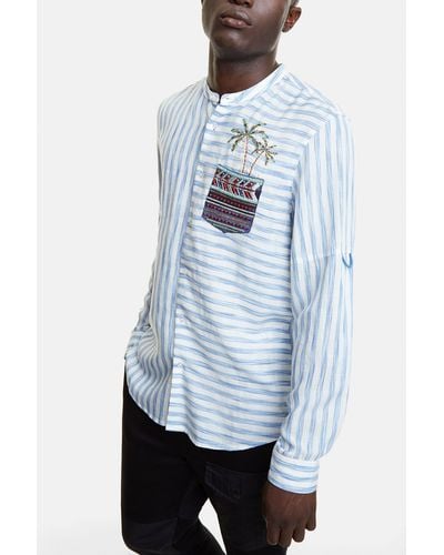 Desigual Striped Eco Shirt With Badge And Palm Tree - Blue
