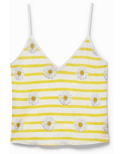 Desigual Tank Top T-shirt Daisies - Yellow